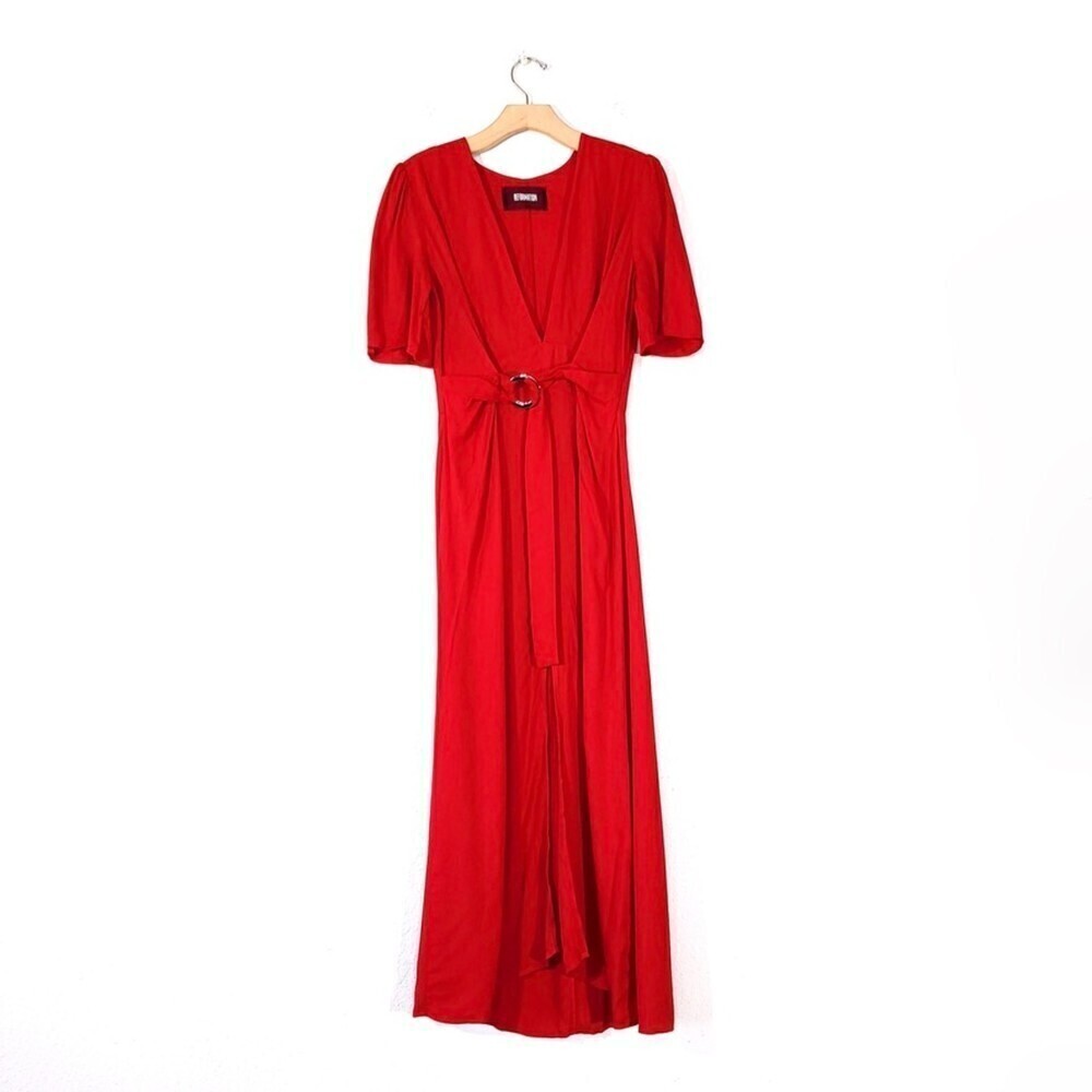 REFORMATION Melanie Belted Wrap Short Sleeve Plunging Midi Dress Cherry Red 2
